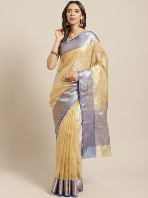 

BANARASI SILK WORKS Yellow & Blue Zari Kota Tissue Meena Patola Saree