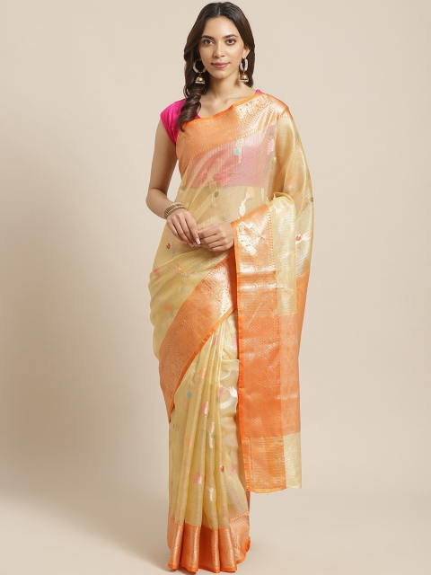 

BANARASI SILK WORKS Beige Tissue Zari Wrok Woven Design Banarasi Saree