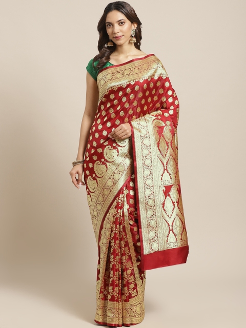 

BANARASI SILK WORKS Maroon & Golden Satin Silk Brocade Banarasi Saree
