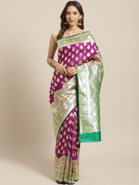 

BANARASI SILK WORKS Purple & Golden Pure Silk Zari Work Ethnic Print Banarasi Saree