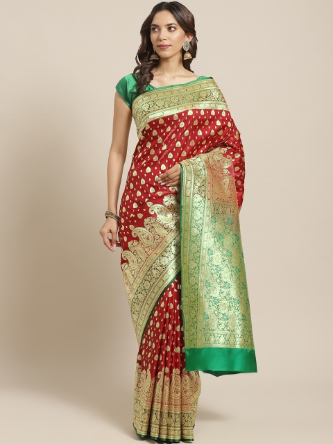 

BANARASI SILK WORKS Maroon & Golden Satin Silk Brocade Zari Woven Design Banarasi Saree