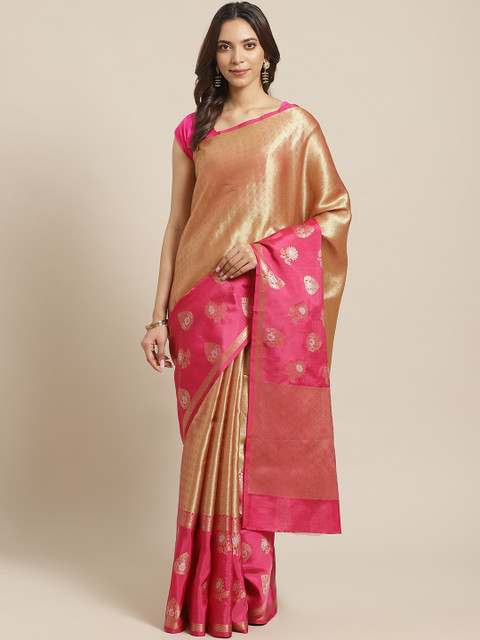 

BANARASI SILK WORKS Golden & Pink Brocade Zari Woven Design Tissue Tanchori Banarasi Saree, Gold