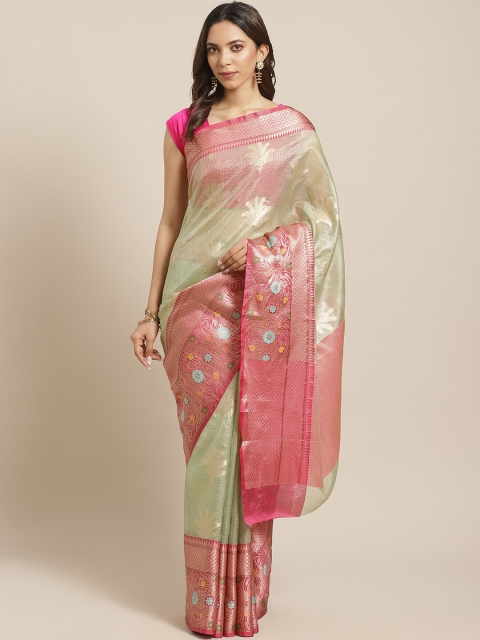 

BANARASI SILK WORKS Green & Pink Zari Kota Tissue Meena Patola Weave Banarasi Saree