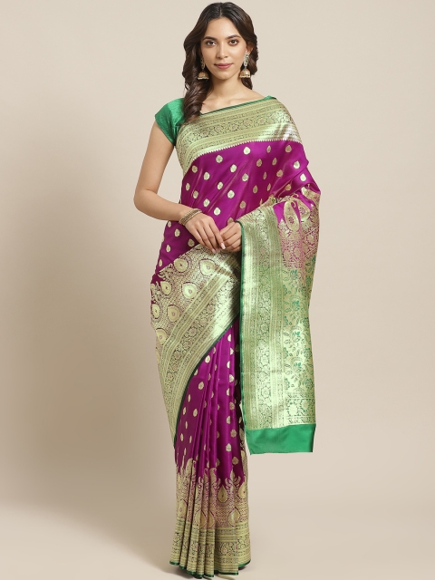 

BANARASI SILK WORKS Purple & Golden Satin Silk Woven Design Brocade Banarasi Saree