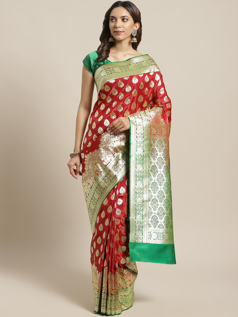 

BANARASI SILK WORKS Red & Golden Satin Silk Zari Woven Design Brocade Banarasi Saree