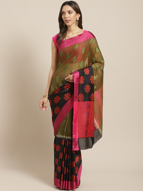 

BANARASI SILK WORKS Green & Black Woven Design Banarasi Saree