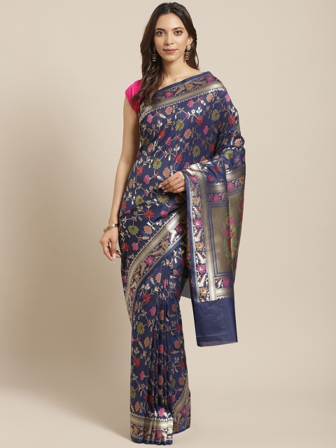 

BANARASI SILK WORKS Navy Blue & Golden Pure Silk Woven Design Banarasi Saree