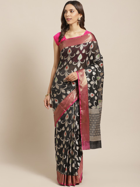 

BANARASI SILK WORKS Black & Grey Zari Kota Jacquard Motifs Banarasi Saree