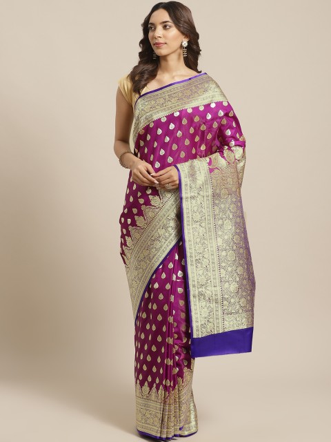 

BANARASI SILK WORKS Purple & Golden Pure Silk Woven Design Banarasi Saree