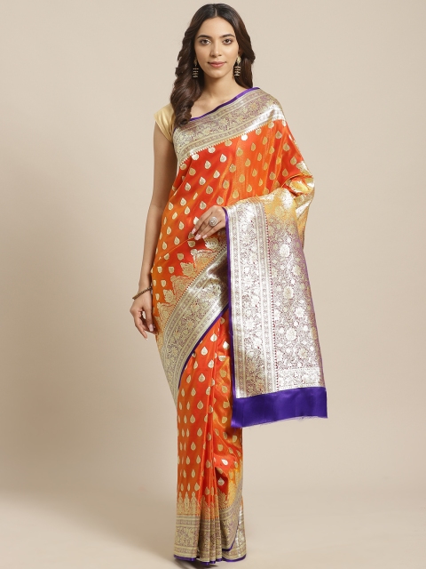 

BANARASI SILK WORKS Orange & Golden Pure Silk Zari Woven Design Banarasi Saree