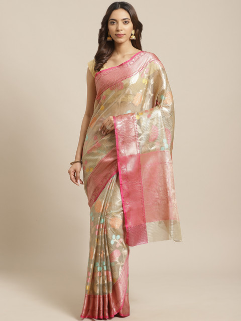 

BANARASI SILK WORKS Golden & Pink Zari Woven Design Banarasi Saree, Gold