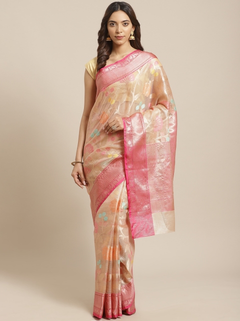 

BANARASI SILK WORKS Golden & Pink Zari Woven Design Banarasi Saree, Gold