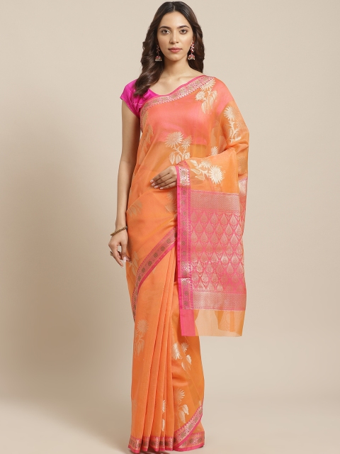 

BANARASI SILK WORKS Orange & Golden Floral Zari Woven Design Banarasi Saree