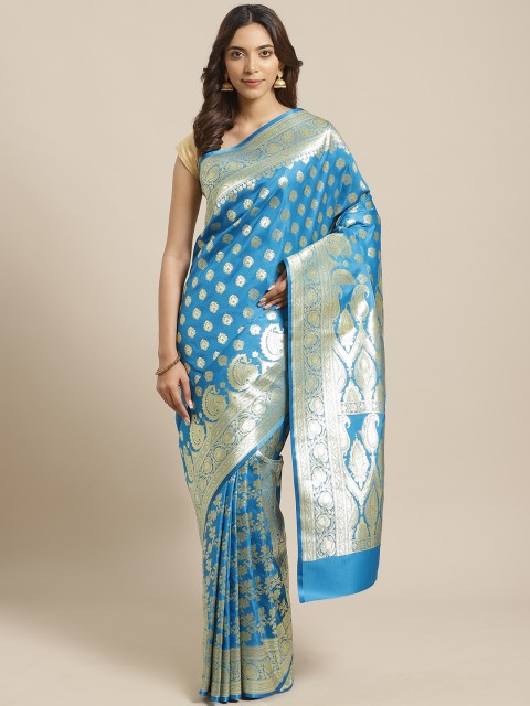 

BANARASI SILK WORKS Blue & Golden Pure Silk Zari Woven Design Banarasi Saree