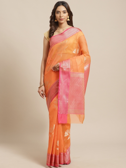 

BANARASI SILK WORKS Orange & Golden Zari Woven Design Banarasi Saree