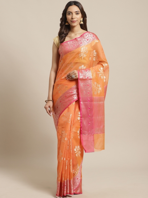 

BANARASI SILK WORKS Orange & Golden Zari Woven Design Banarasi Saree