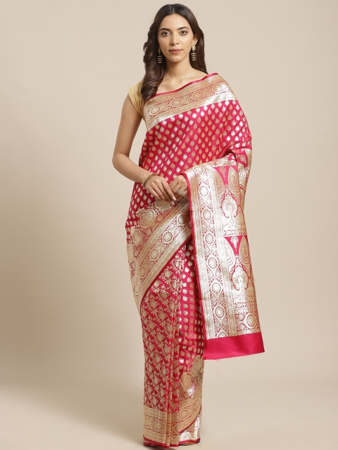 

BANARASI SILK WORKS Pink & Golden Pure Silk Zari Woven Design Banarasi Saree