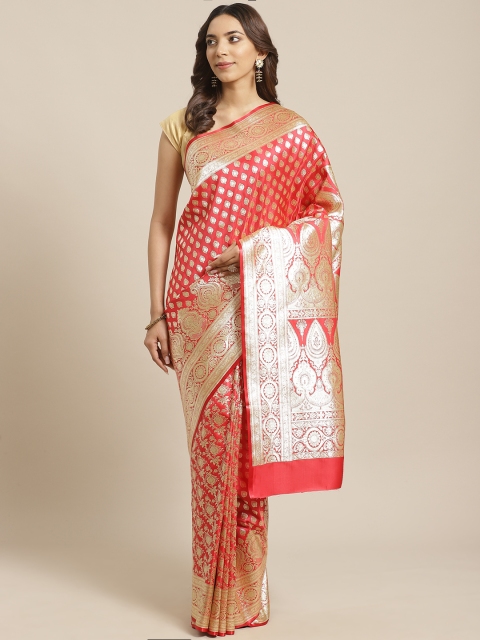 

BANARASI SILK WORKS Coral Red & Golden Pure Silk Zari Woven Design Banarasi Saree