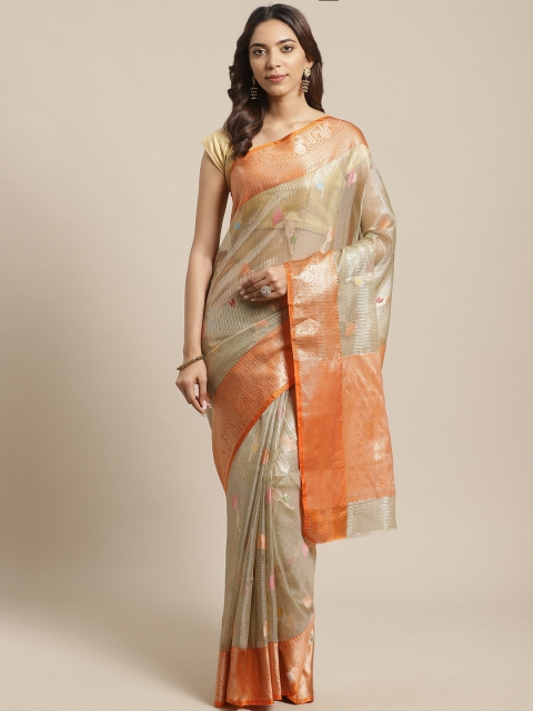 

BANARASI SILK WORKS Grey & Orange Floral Zari Woven Design Banarasi Saree