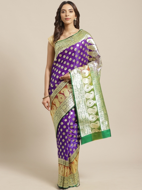 

BANARASI SILK WORKS Purple & Golden Pure Silk Zari Woven Design Banarasi Saree