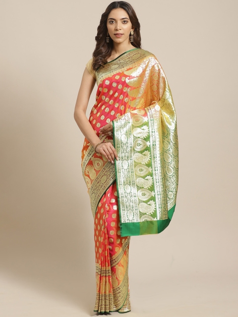 

BANARASI SILK WORKS Peach-Coloured & Golden Pure Silk Zari Woven Design Banarasi Saree