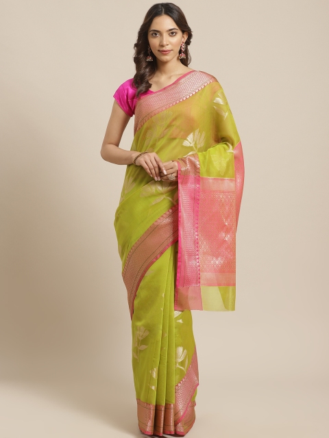 

BANARASI SILK WORKS Lime Green & Pink Woven Design Banarasi Saree