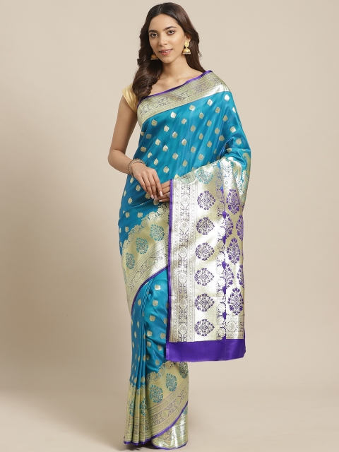 

BANARASI SILK WORKS Blue & Silver Woven Design Banarasi Saree
