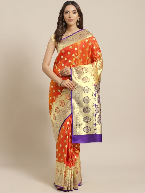 

BANARASI SILK WORKS Orange & Golden Woven Design Banarasi Saree