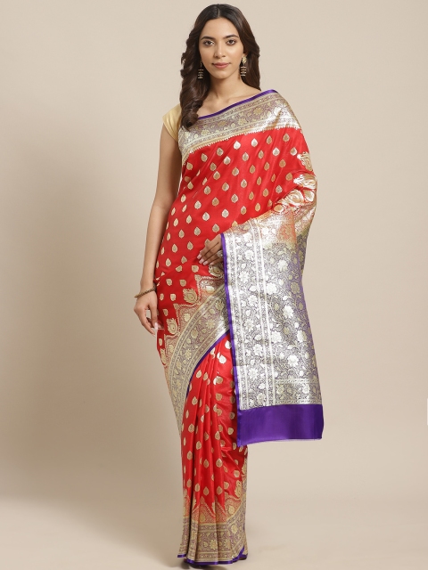 

BANARASI SILK WORKS Orange & Golden Pure Silk Woven Design Banarasi Saree