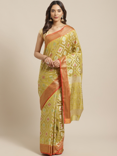 

BANARASI SILK WORKS Olive Green & Golden Woven Design Banarasi Saree