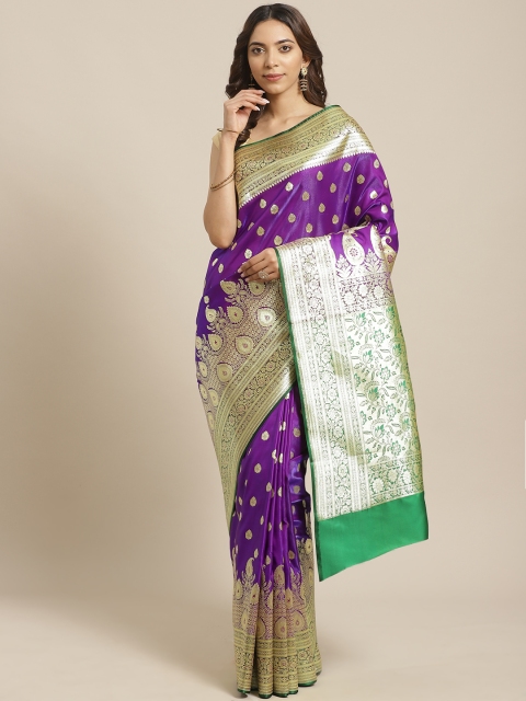 

BANARASI SILK WORKS Purple & Golden Pure Silk Zari Woven Design Banarasi Saree