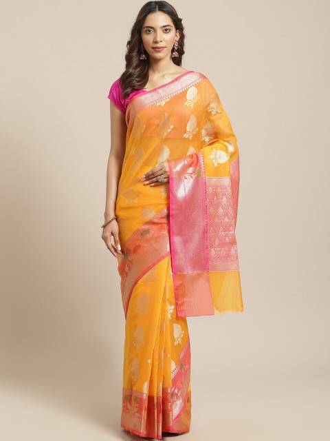 

BANARASI SILK WORKS Mustard Yellow & Golden Woven Design Banarasi Saree