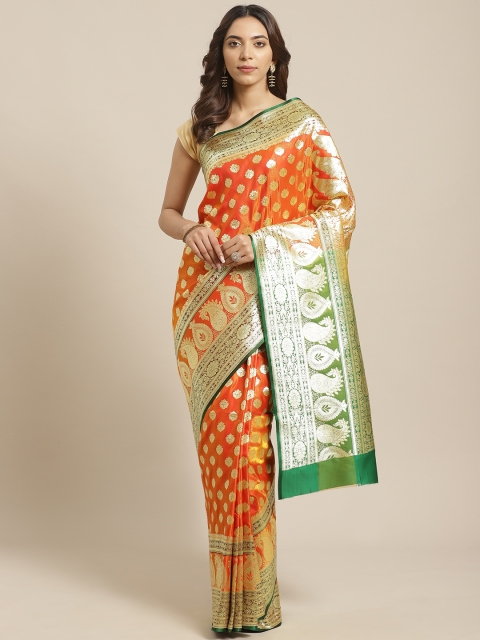 

BANARASI SILK WORKS Orange & Golden Pure Silk Zari Woven Design Banarasi Saree