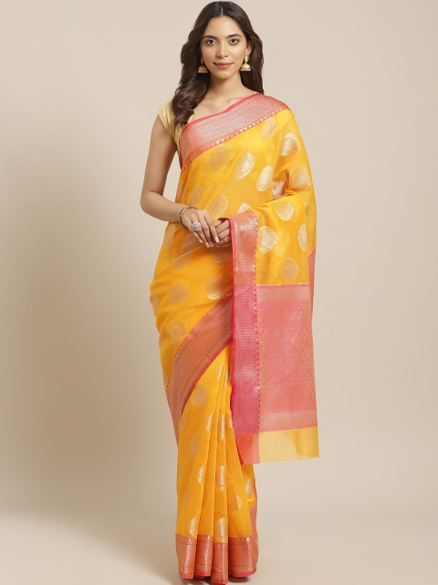 

BANARASI SILK WORKS Mustard Yellow & Golden Zari Ethnic Motifs Woven Design Banarasi Saree