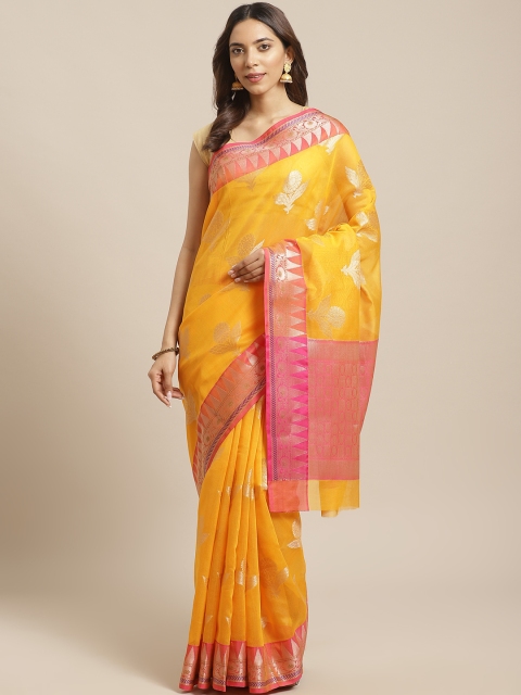 

BANARASI SILK WORKS Yellow & Golden Zari Ethnic Motifs Woven Design Banarasi Saree