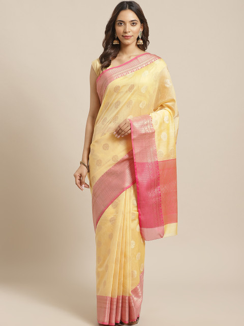 

BANARASI SILK WORKS Yellow & Golden Zari Ethnic Motifs Woven Design Banarasi Saree
