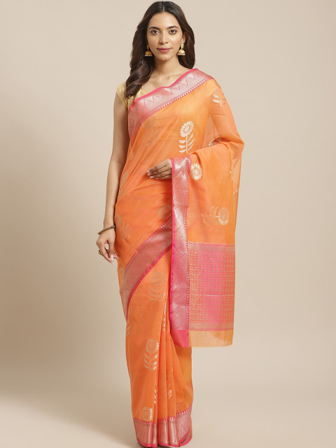 

BANARASI SILK WORKS Orange & Golden Zari Ethnic Motifs Woven Design Banarasi Saree