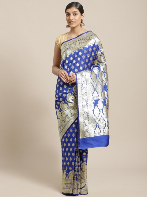 

BANARASI SILK WORKS Blue & Golden Satin Silk Woven Design Banarasi Saree
