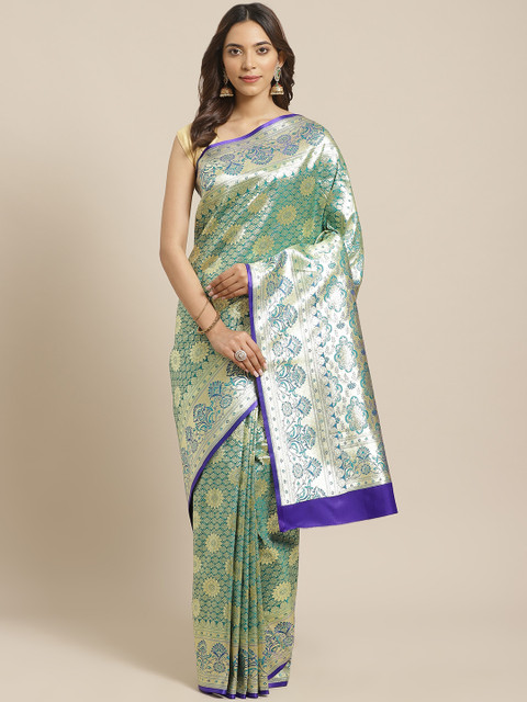 

BANARASI SILK WORKS Green & Golden Pure Silk Zari Ethnic Woven Design Banarasi Saree