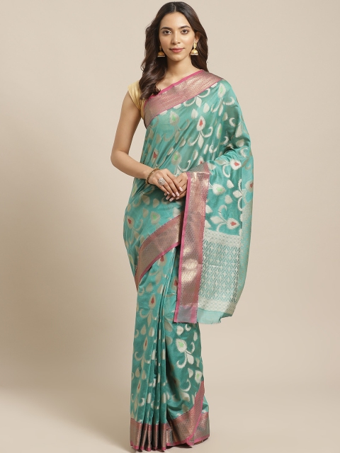 

BANARASI SILK WORKS Teal Green & Golden Zari Ethnic Motifs Woven Design Banarasi Saree