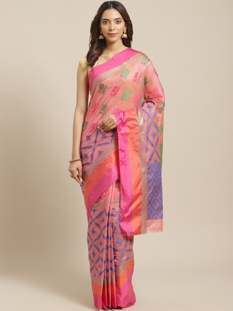 

BANARASI SILK WORKS Peach-Coloured & Blue Zari Ikat Woven Design Banarasi Saree