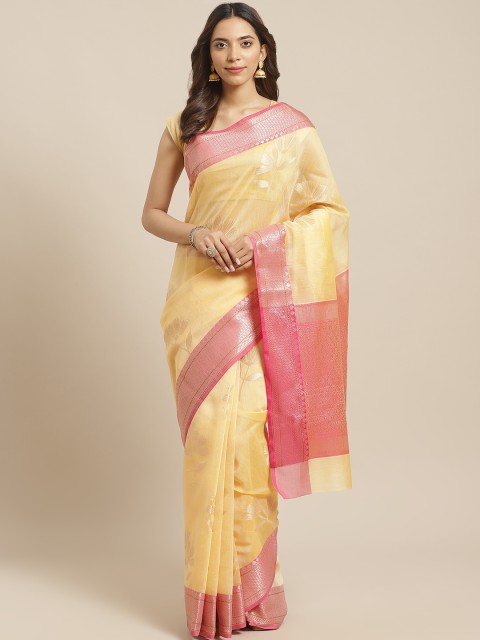 

BANARASI SILK WORKS Yellow & Pink Zari Floral Woven Design Banarasi Saree