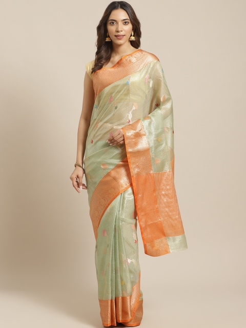 

BANARASI SILK WORKS Green & Orange Zari Ethnic Motifs Woven Design Banarasi Saree