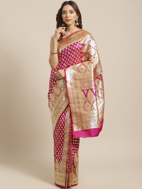 

BANARASI SILK WORKS Magenta & Golden Pure Silk Zari Ethnic Woven Design Banarasi Saree
