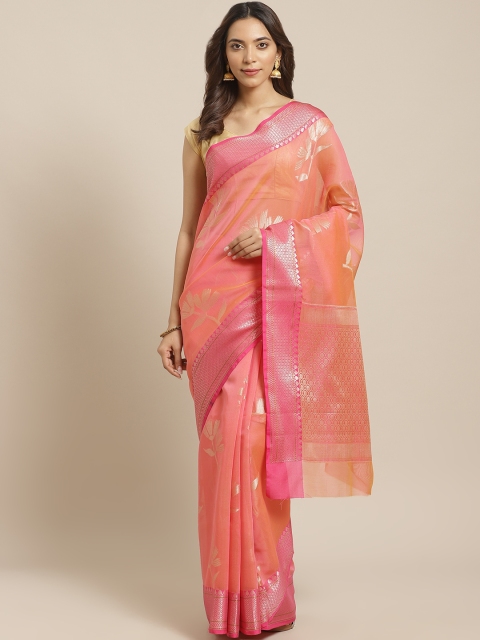

BANARASI SILK WORKS Peach-Coloured & Pink Zari Floral Woven Design Banarasi Saree