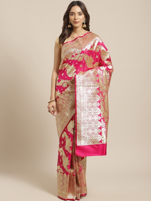 

BANARASI SILK WORKS Pink & Golden Pure Silk Zari Ethnic Woven Design Banarasi Saree