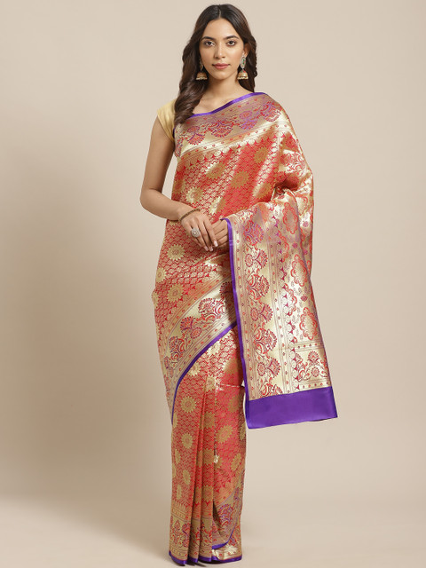 

BANARASI SILK WORKS Red & Golden Pure Silk Zari Ethnic Motifs Woven Design Banarasi Saree