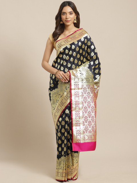 

BANARASI SILK WORKS Navy Blue & Golden Pure Silk Zari Ethnic Woven Design Banarasi Saree