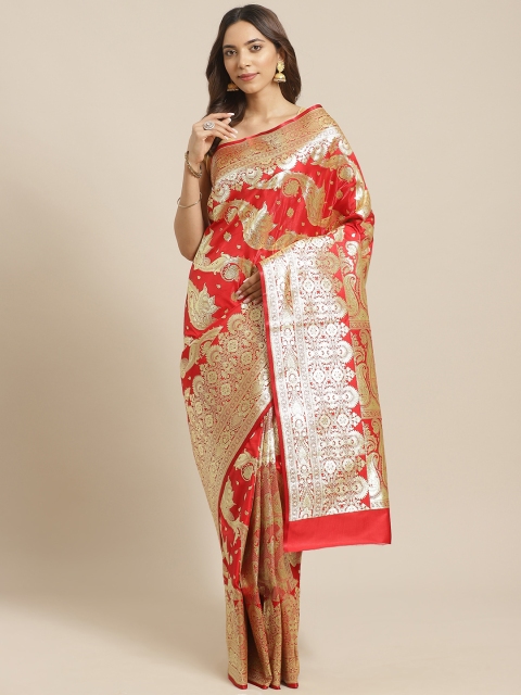 

BANARASI SILK WORKS Red & Golden Pure Silk Zari Paisley Woven Design Banarasi Saree