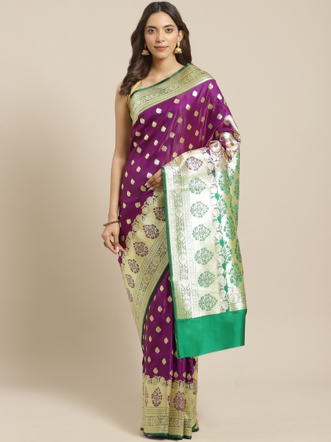

BANARASI SILK WORKS Purple & Golden Satin Silk Zari Woven Design Banarasi Saree